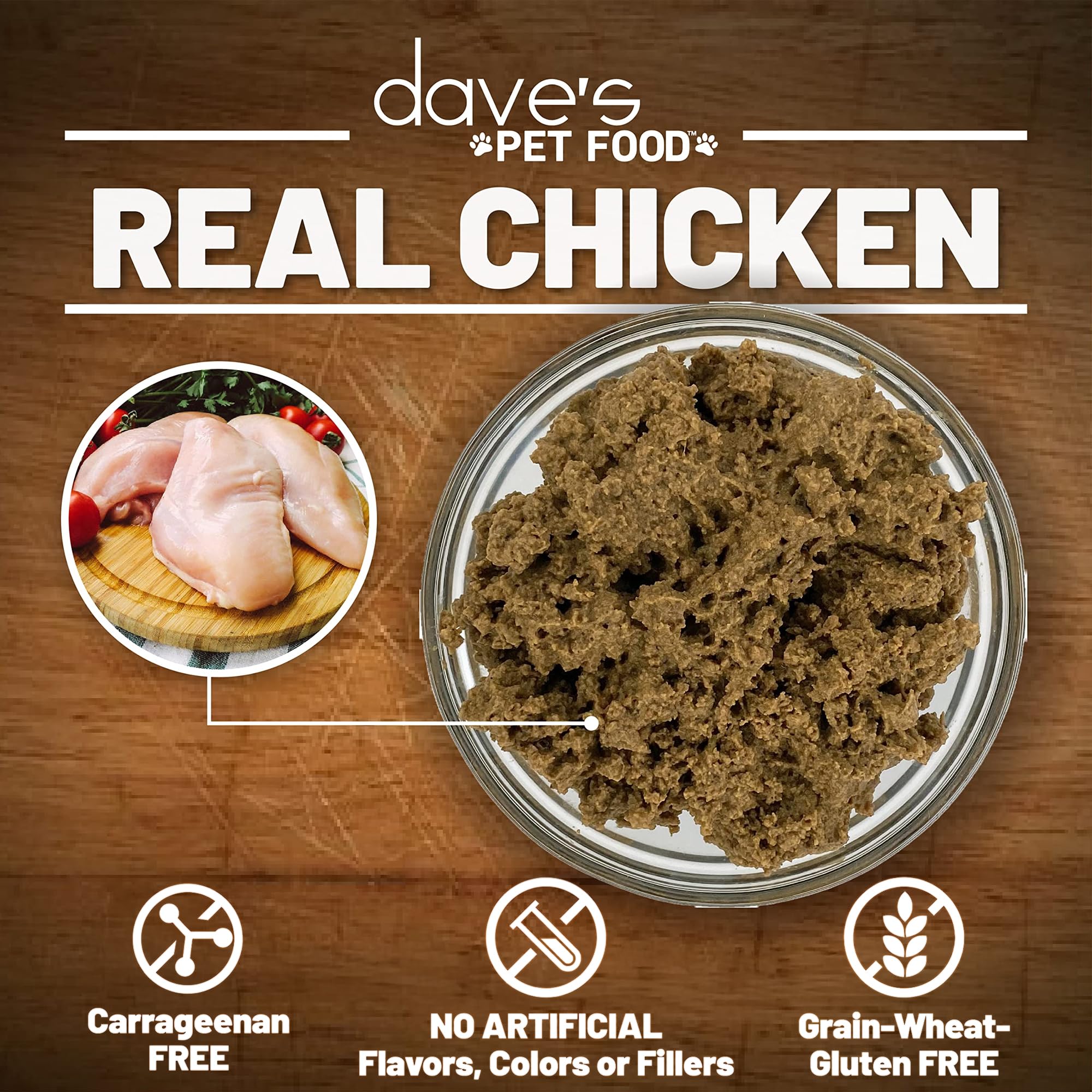 Dave's Pet Food ingrédients poulet et foie illustrant source de protéine digestible