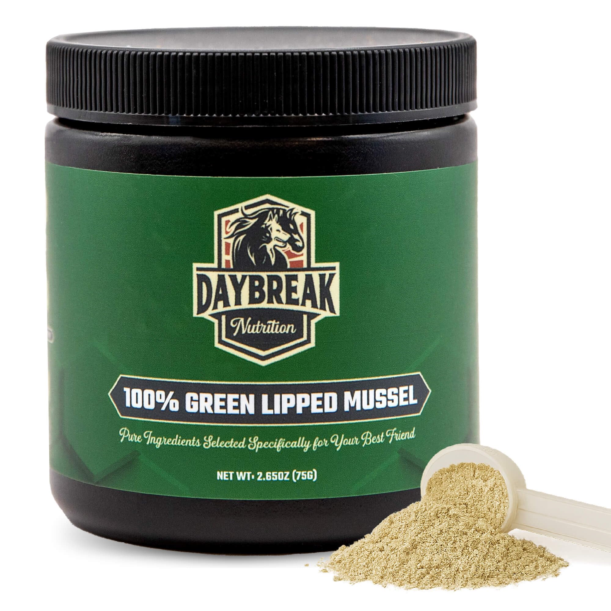 Daybreak Nutrition paquet de poudre de moule à lèvres vertes, présentation claire et bénéfice pureté