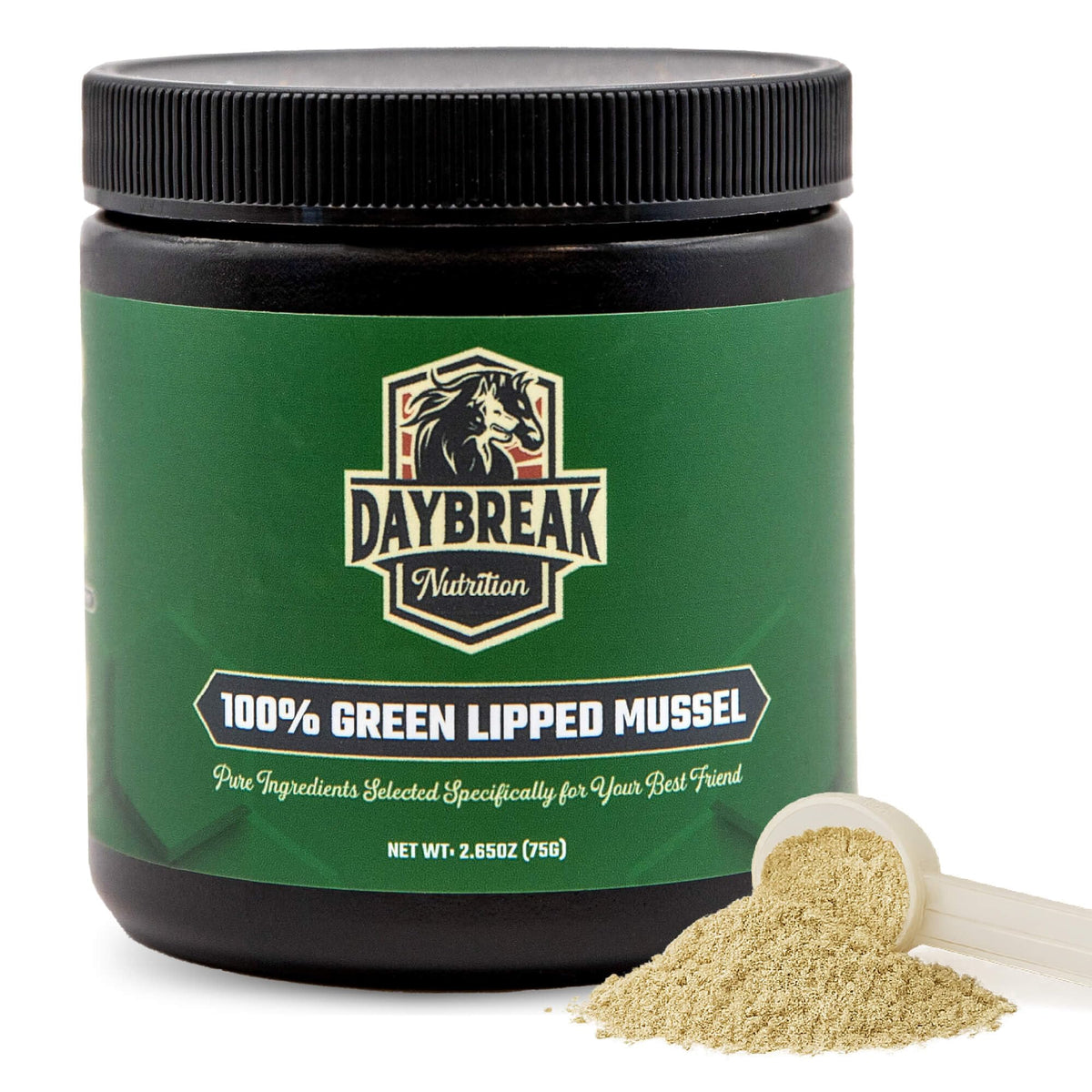 Daybreak Nutrition paquet de poudre de moule à lèvres vertes, présentation claire et bénéfice pureté