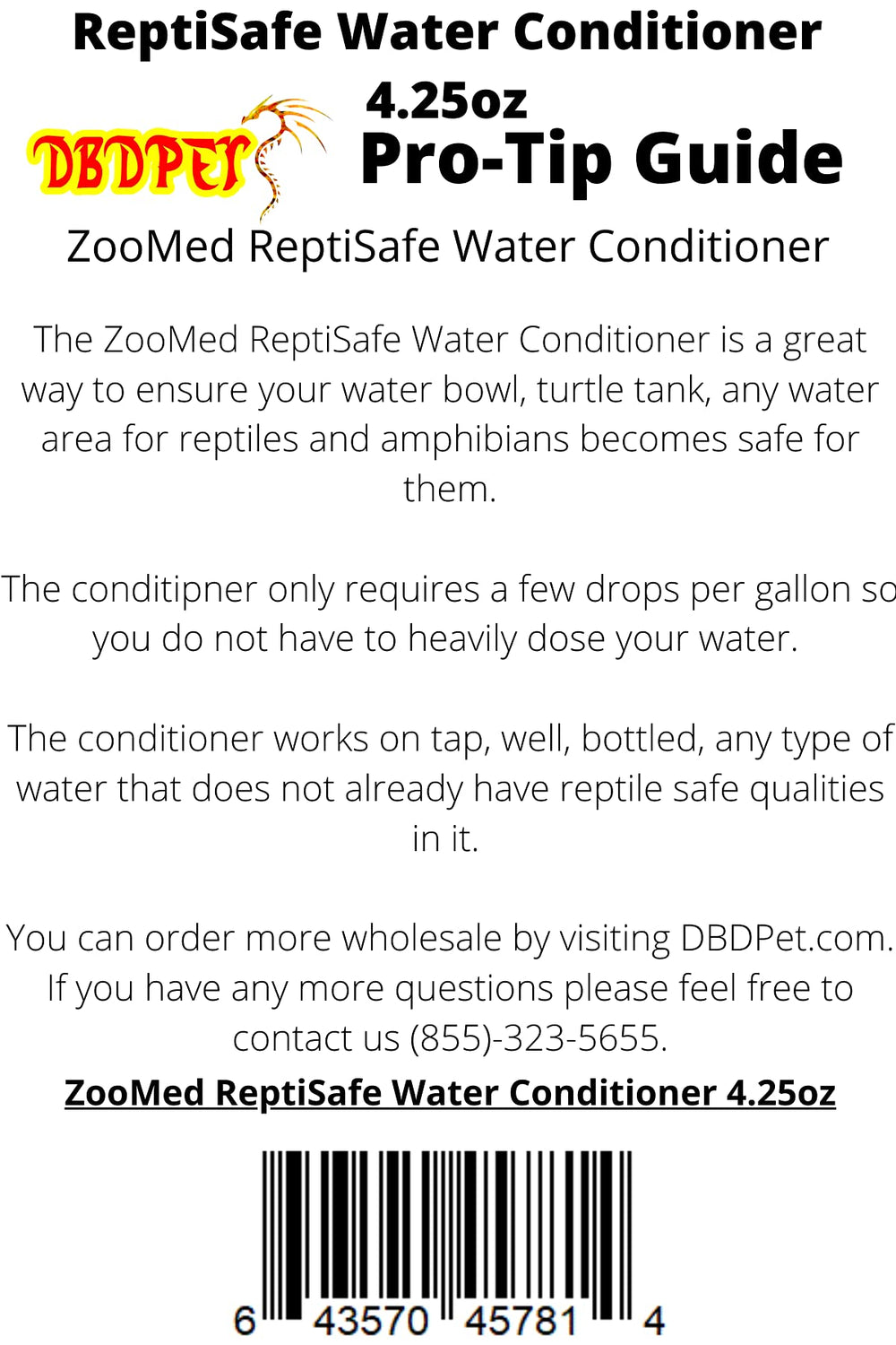 DBDPet ReptiSafe avec guide Pro-Tip soulignant un dosage simple et précis