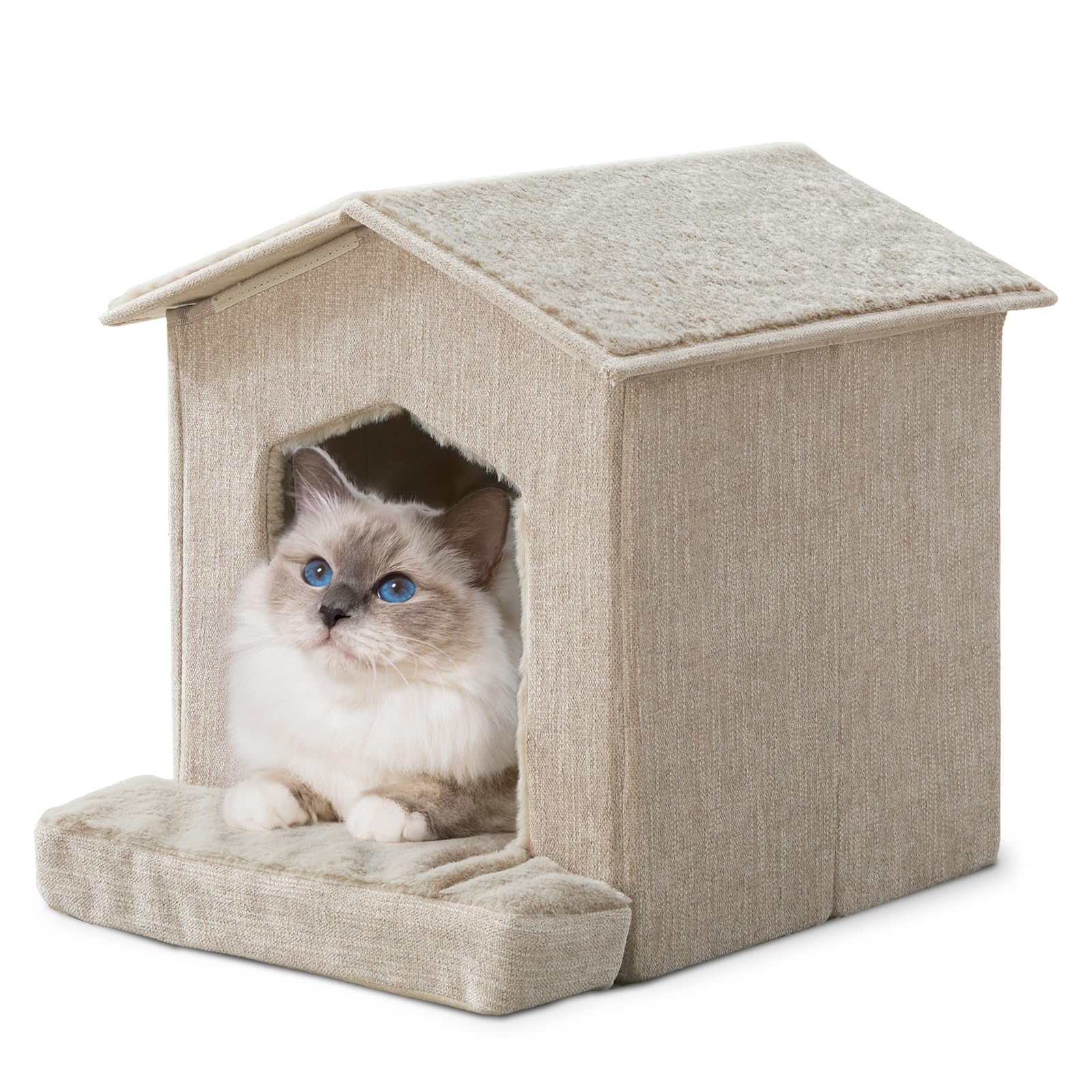 DEBANG HOME vue avant de la maison chat beige, refuge confortable
