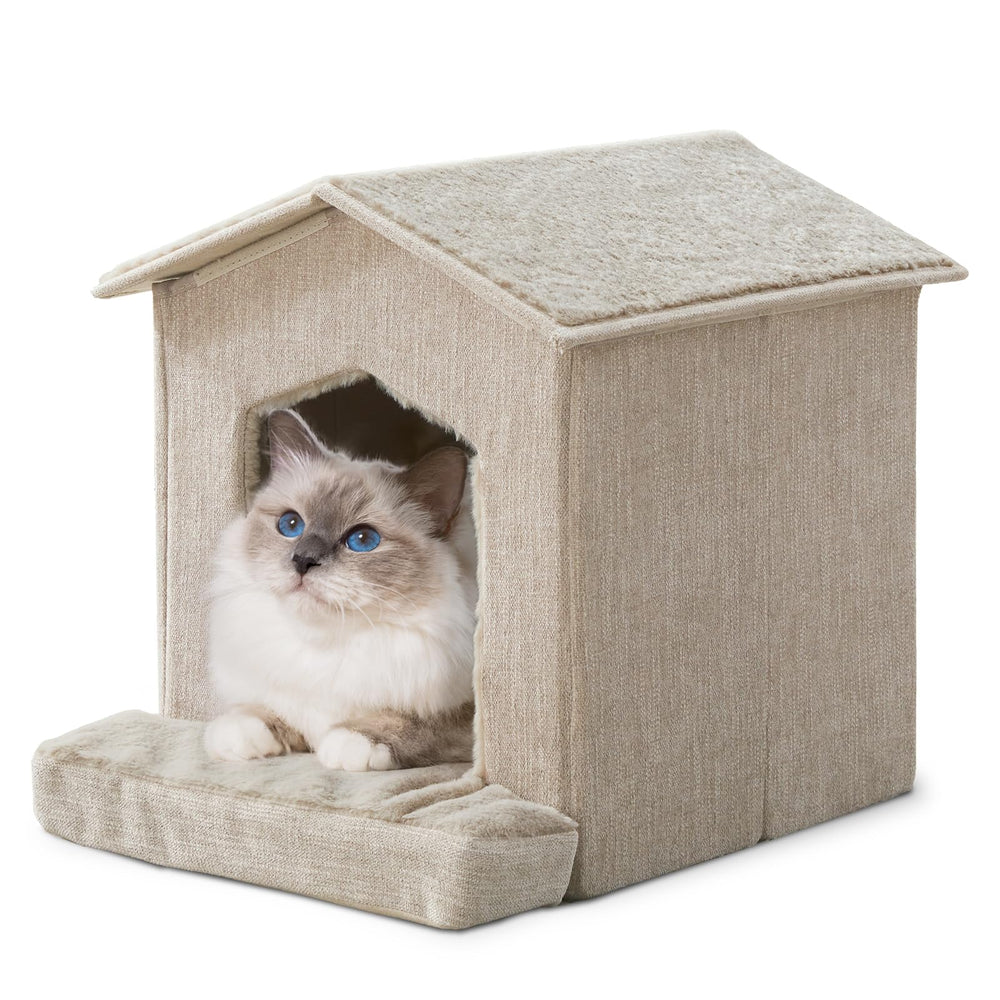 DEBANG HOME vue avant de la maison chat beige, refuge confortable