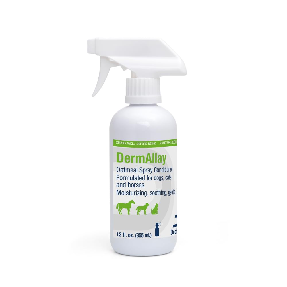 Dechra DermAllay flacon 12 oz montrant l'étiquette et l'utilisation apaisante