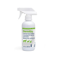 Dechra DermAllay flacon 12 oz montrant l'étiquette et l'utilisation apaisante