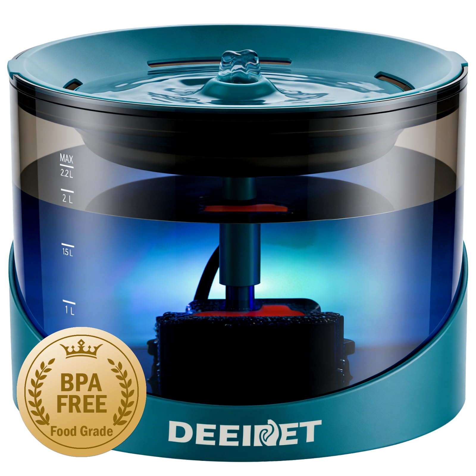 DEEIPET fontaine vue de face montrant la capacité 2,2L et design pratique