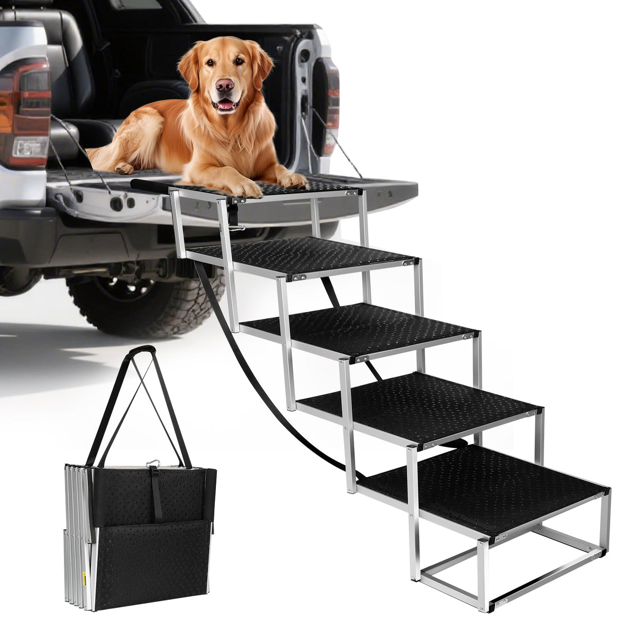DeerGym escalier face montrant stabilité et large surface pour grand chien
