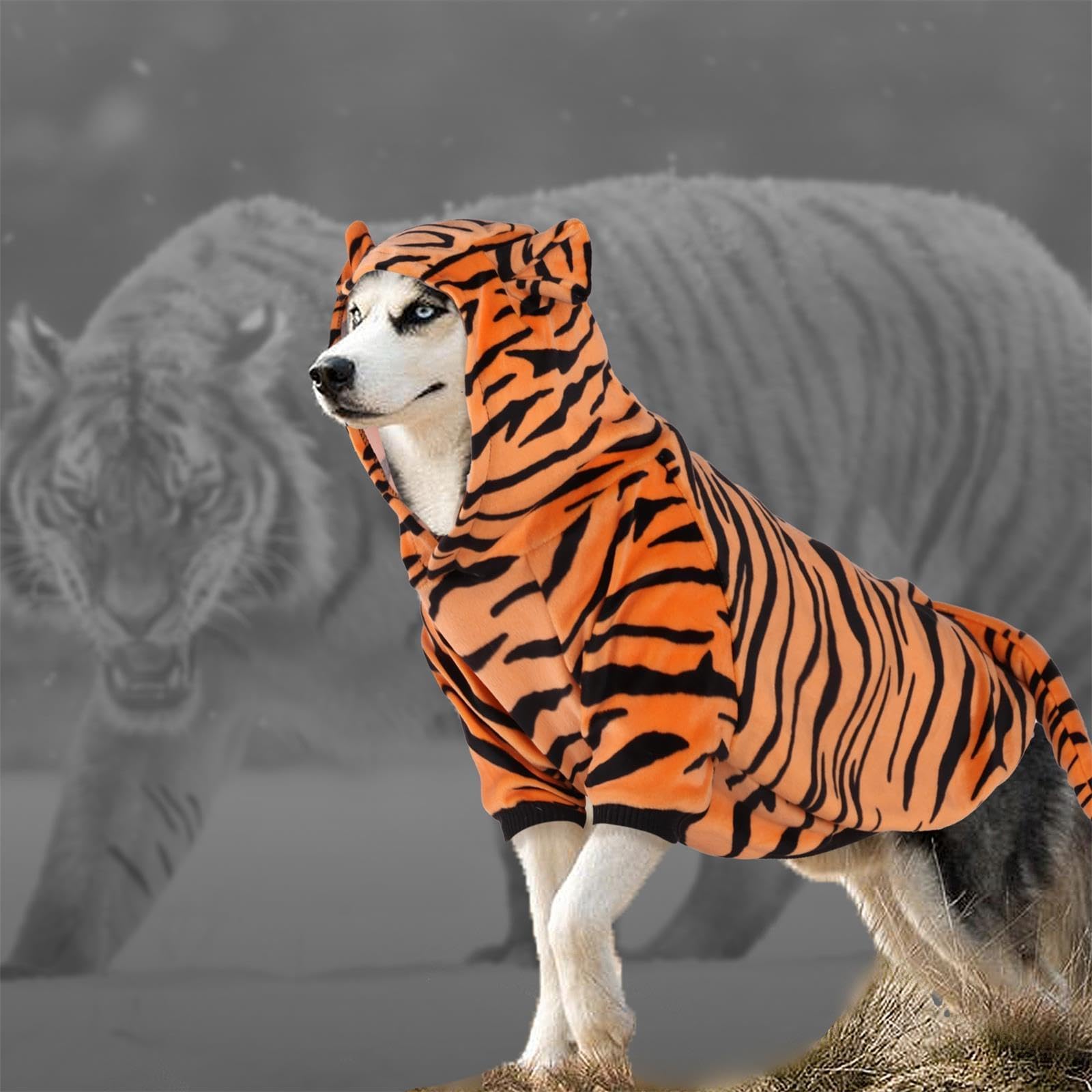 DELIFUR capuche tigre en gros plan montrant les détails amusants et confortables