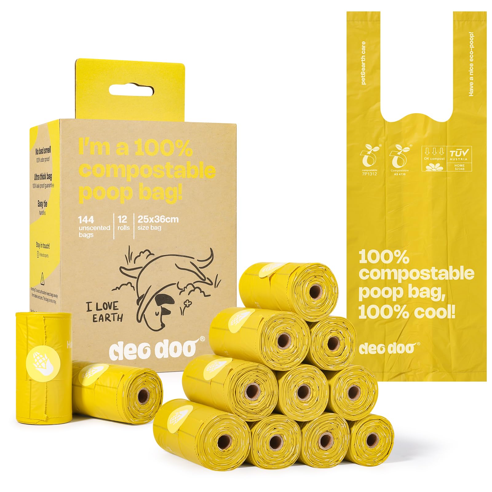 Deo Doo emballage avant montrant 12 rouleaux et certifications écologiques