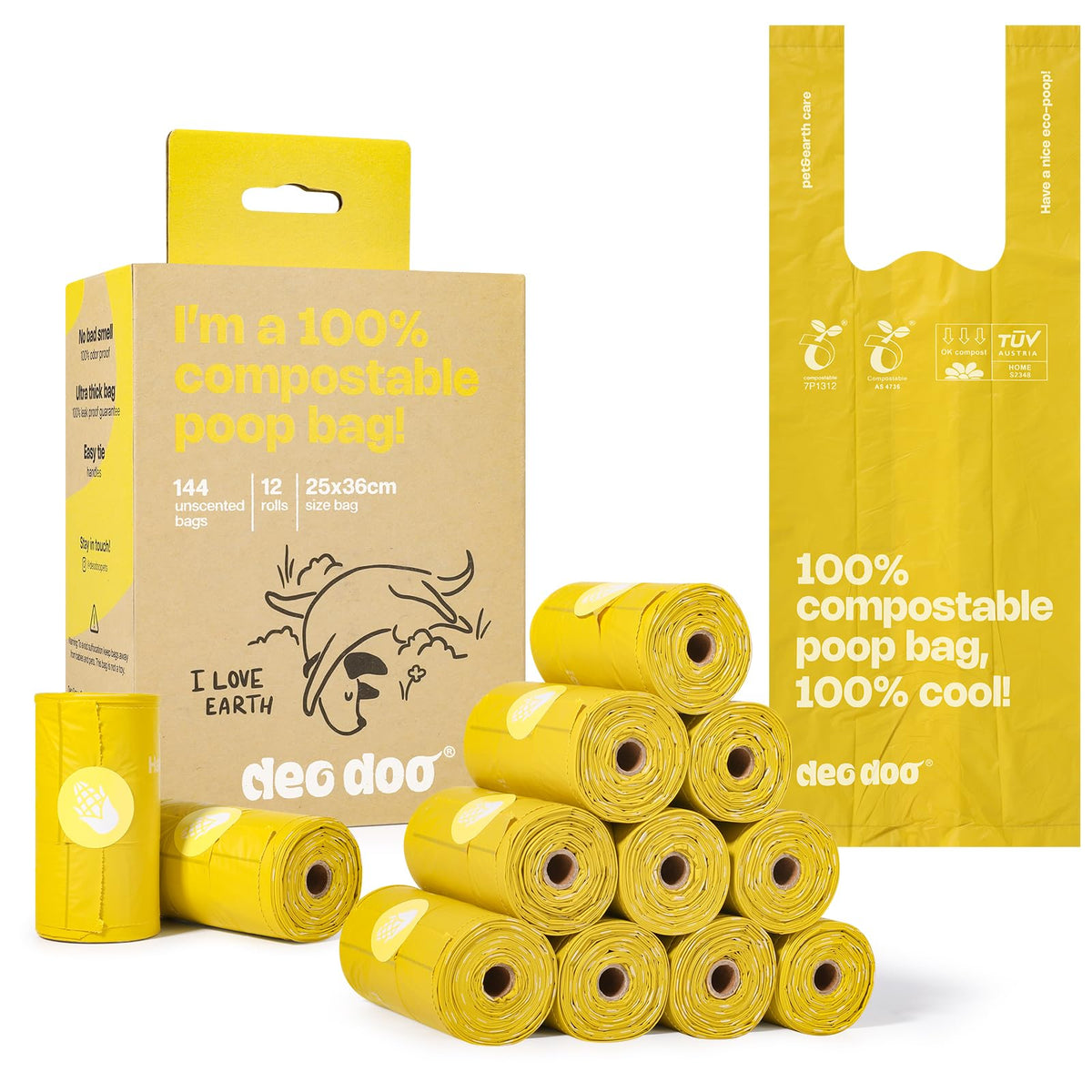 Deo Doo emballage avant montrant 12 rouleaux et certifications écologiques