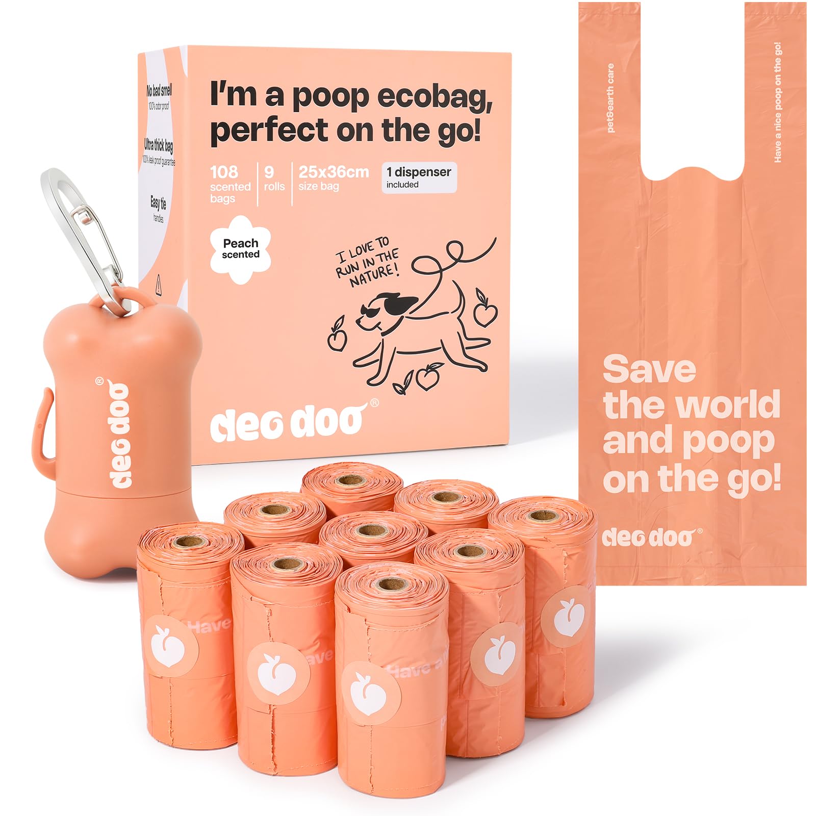 Deo Doo emballage avant montrant le lot de 108 sacs et le parfum pêche