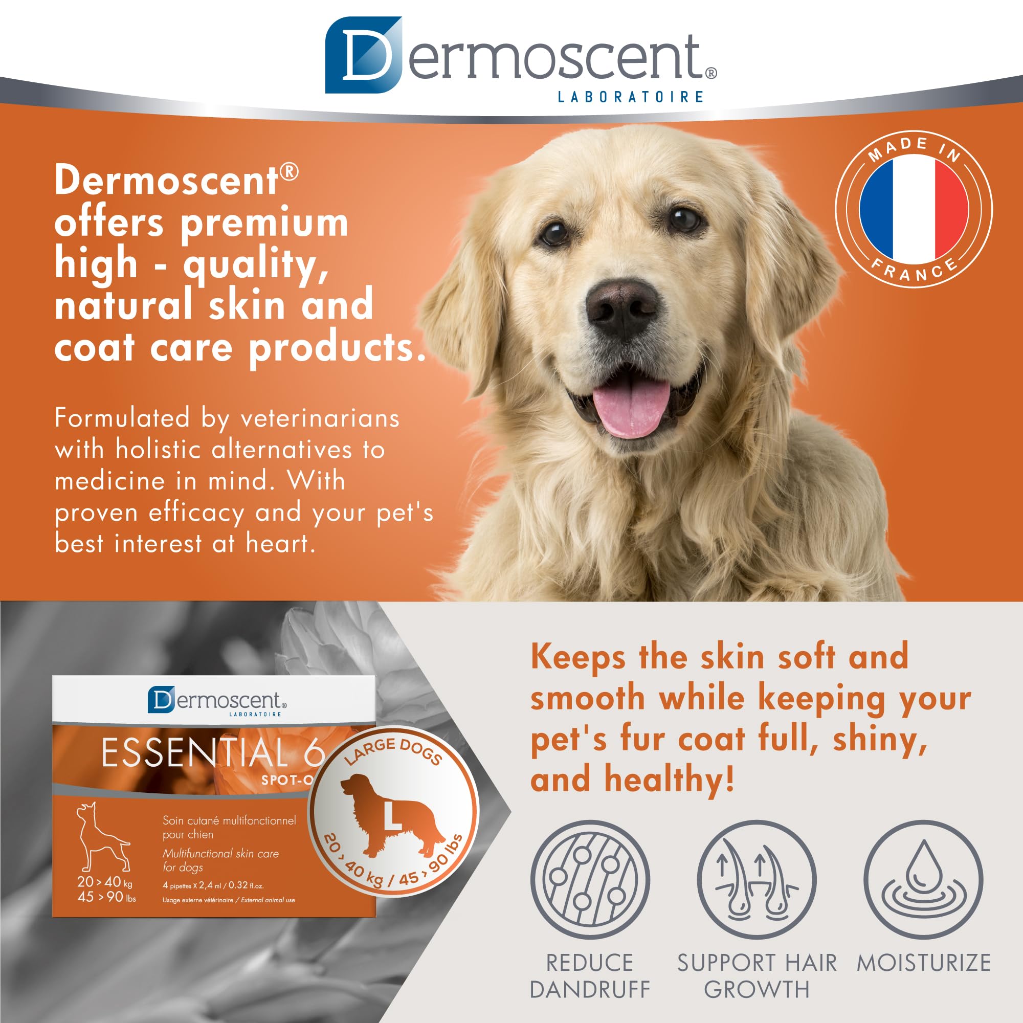 Dermoscent étiquette ingrédients listant huiles essentielles et omégas