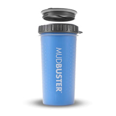 Dexas MudBuster face avant bleu Pro montrant le gobelet et le couvercle, nettoyage rapide