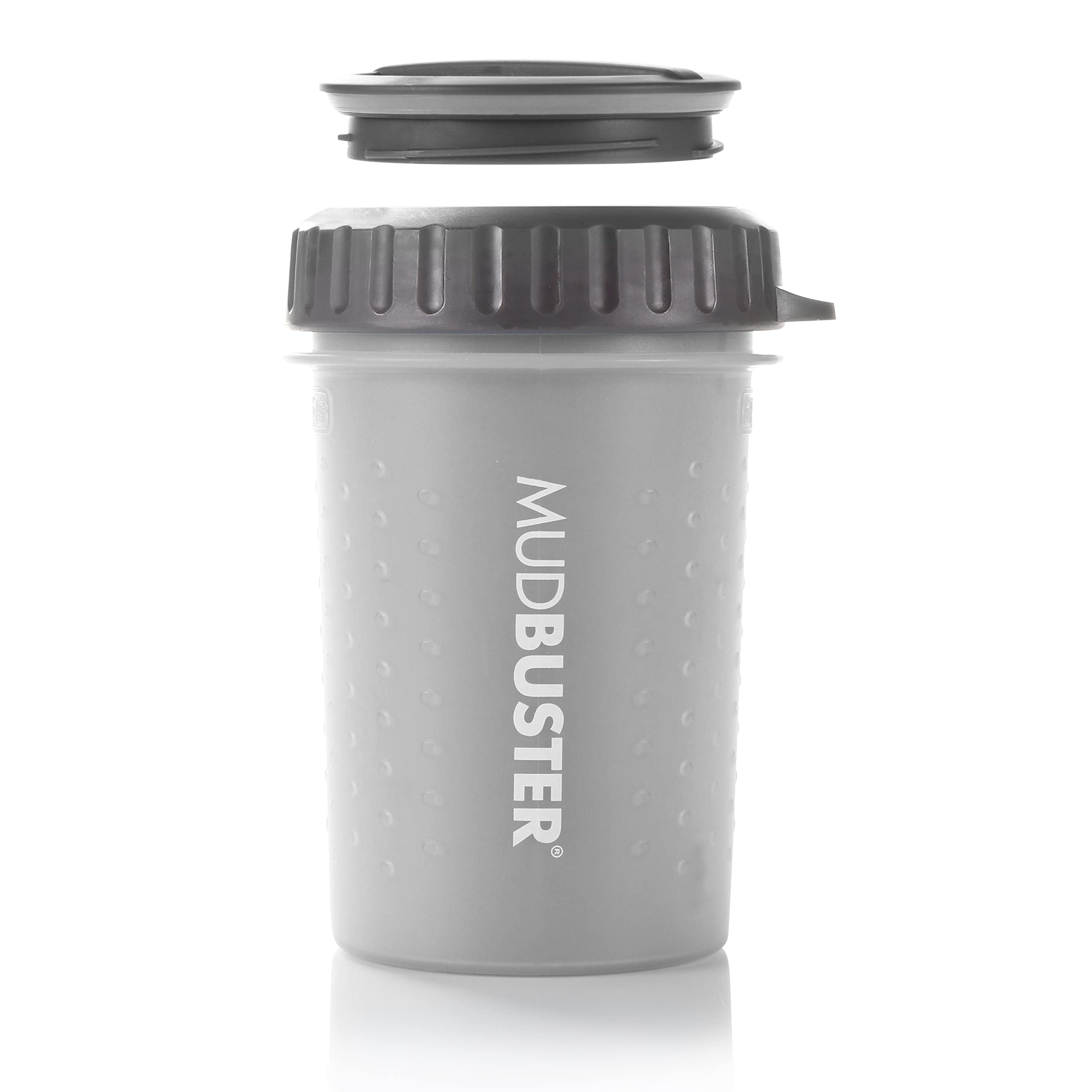 Dexas MudBuster vue avant du gobelet, solution compacte pour propreté