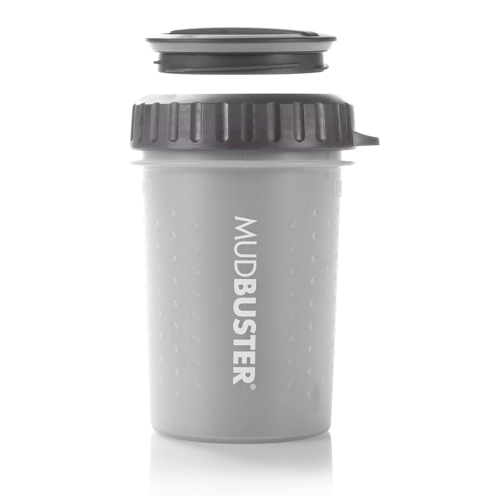 Dexas MudBuster vue avant du gobelet, solution compacte pour propreté