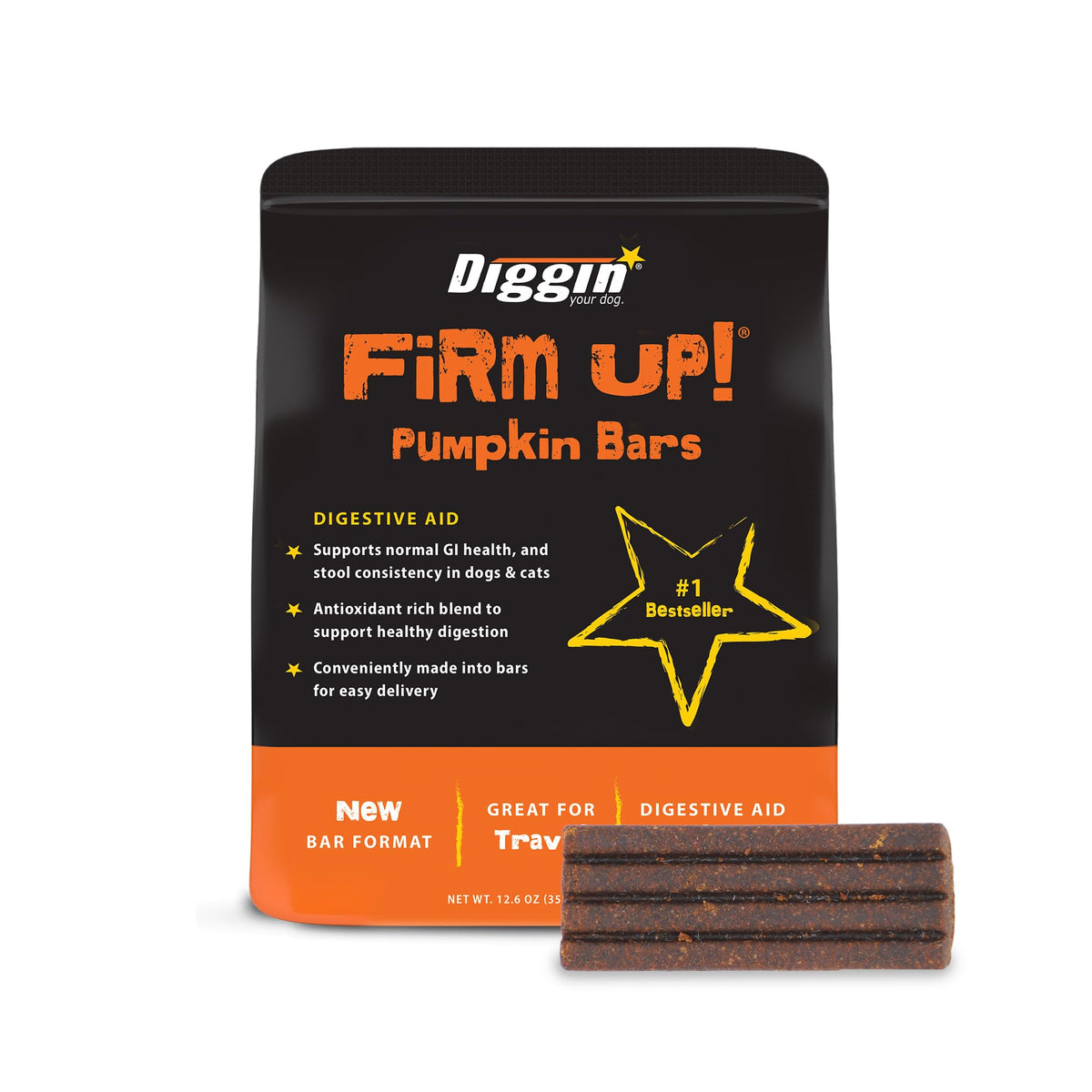 Diggin' Your Dog face du sachet Firm Up montrant le format refermable et praticité