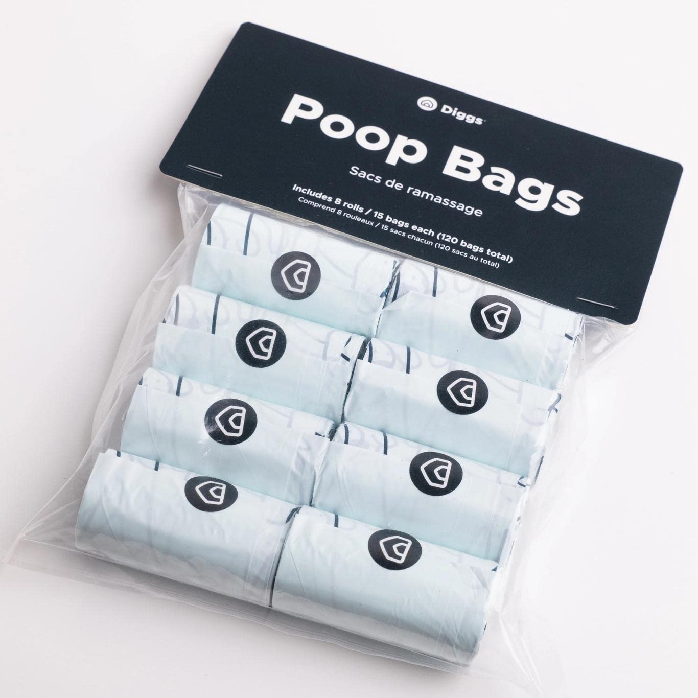 Diggs emballage avant montrant 8 rouleaux et 120 sacs pratiques