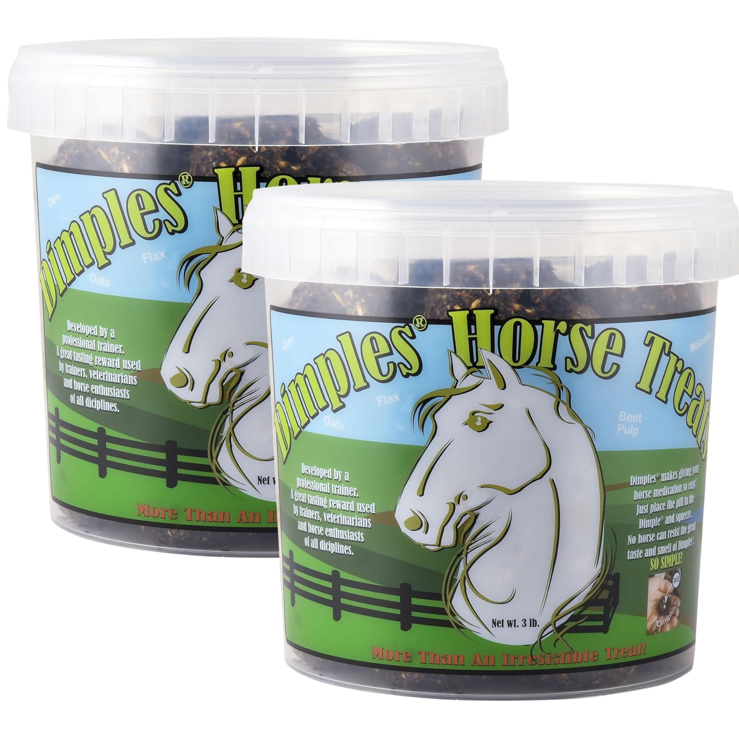 Dimples Horse Treats vue avant du pot montrant l’étiquette et l’avantage concealment