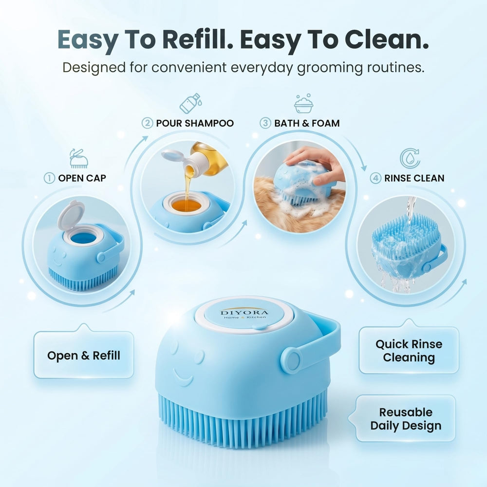 DIYORA brosse utilisé sur chien sous la douche pour un bain plus simple