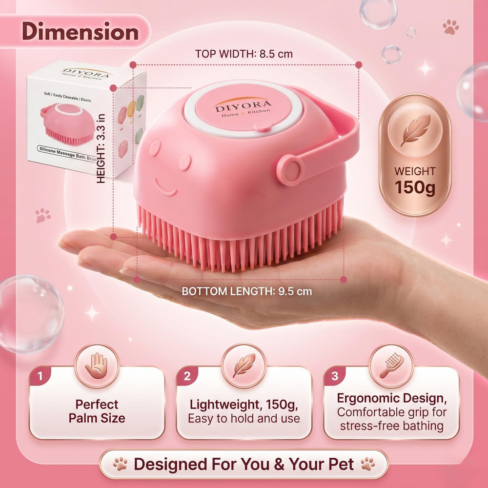 DIYORA brosse utilisée sur un chien, distribuant shampooing et réduisant le temps de bain