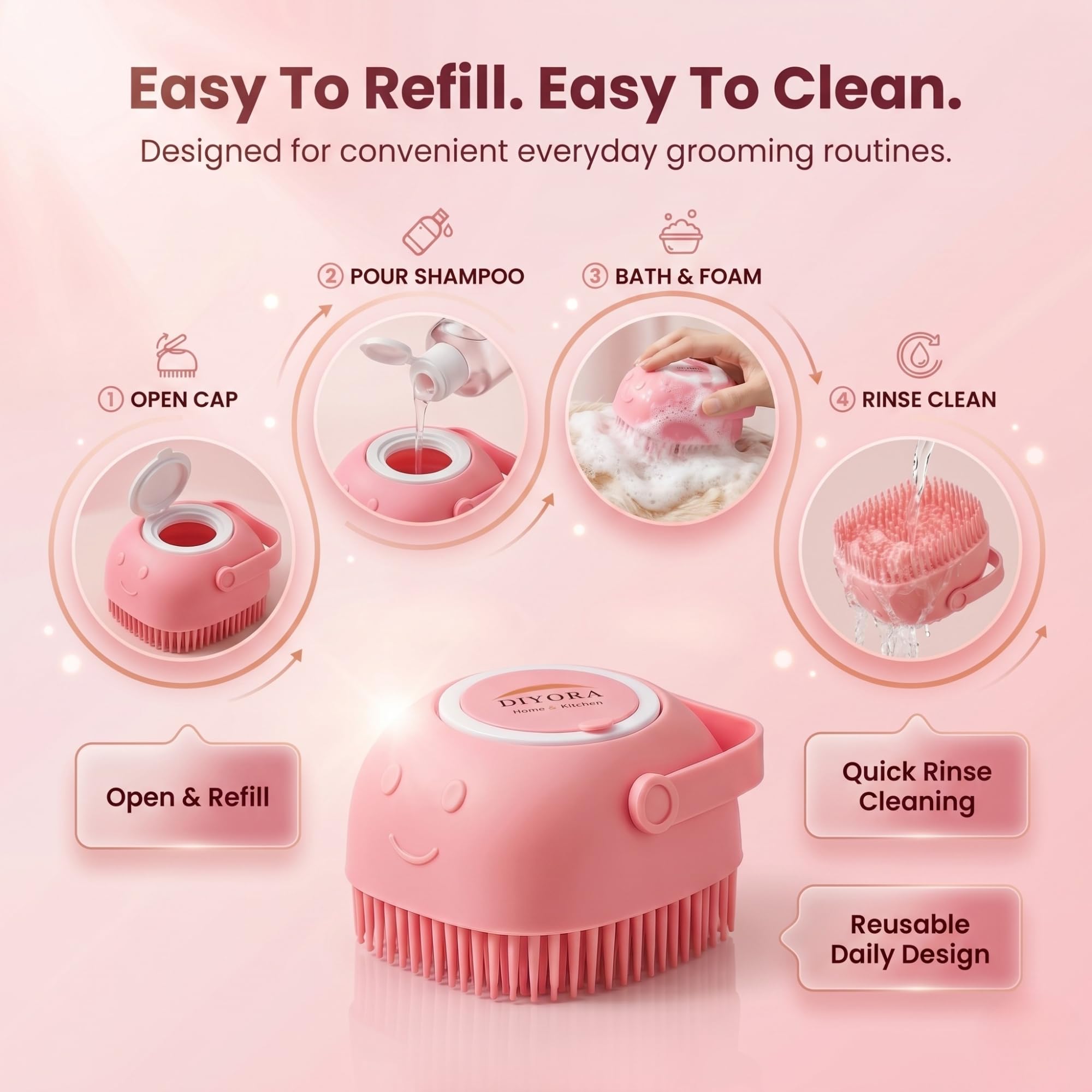 DIYORA brosse appliquée sur un chat en bain, ménageant la peau et limitant le stress