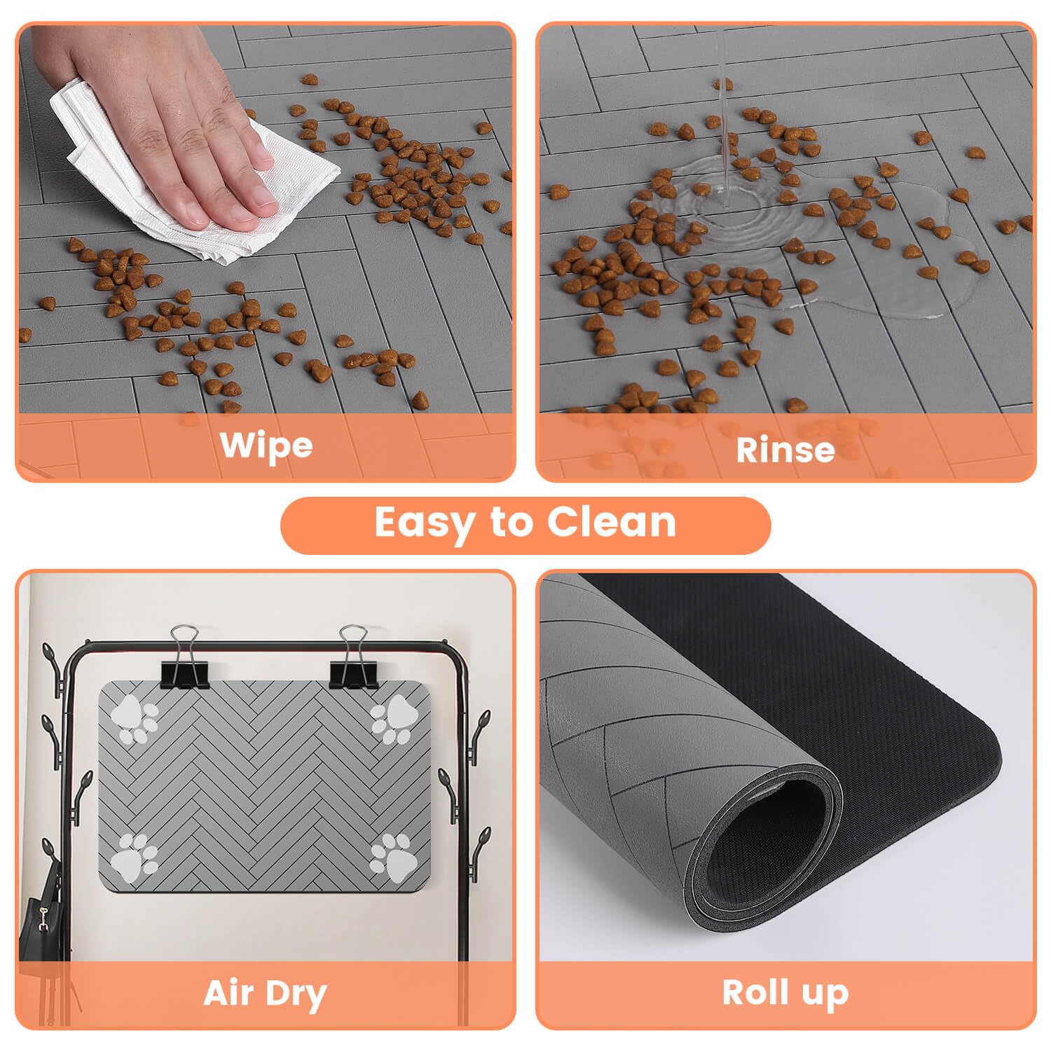 DK177 tapis en usage avec gamelles, réduction des éclaboussures