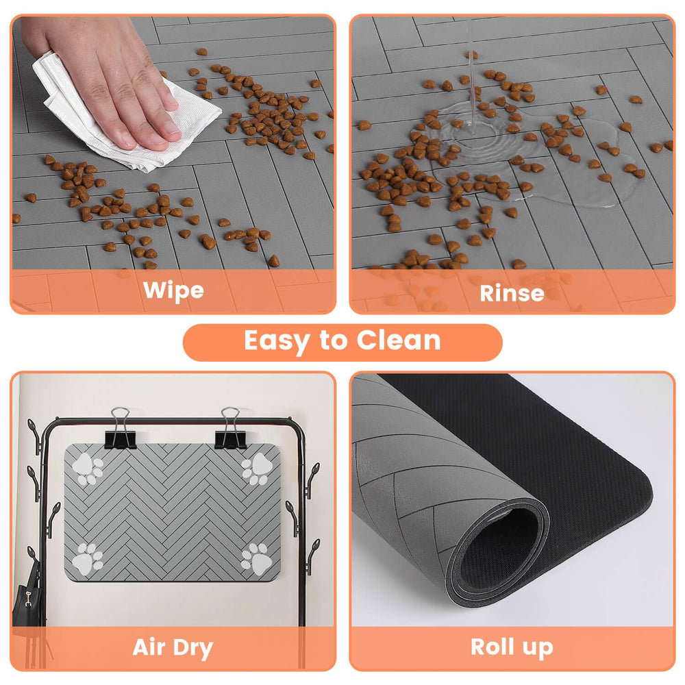 DK177 tapis en usage avec gamelles, réduction des éclaboussures