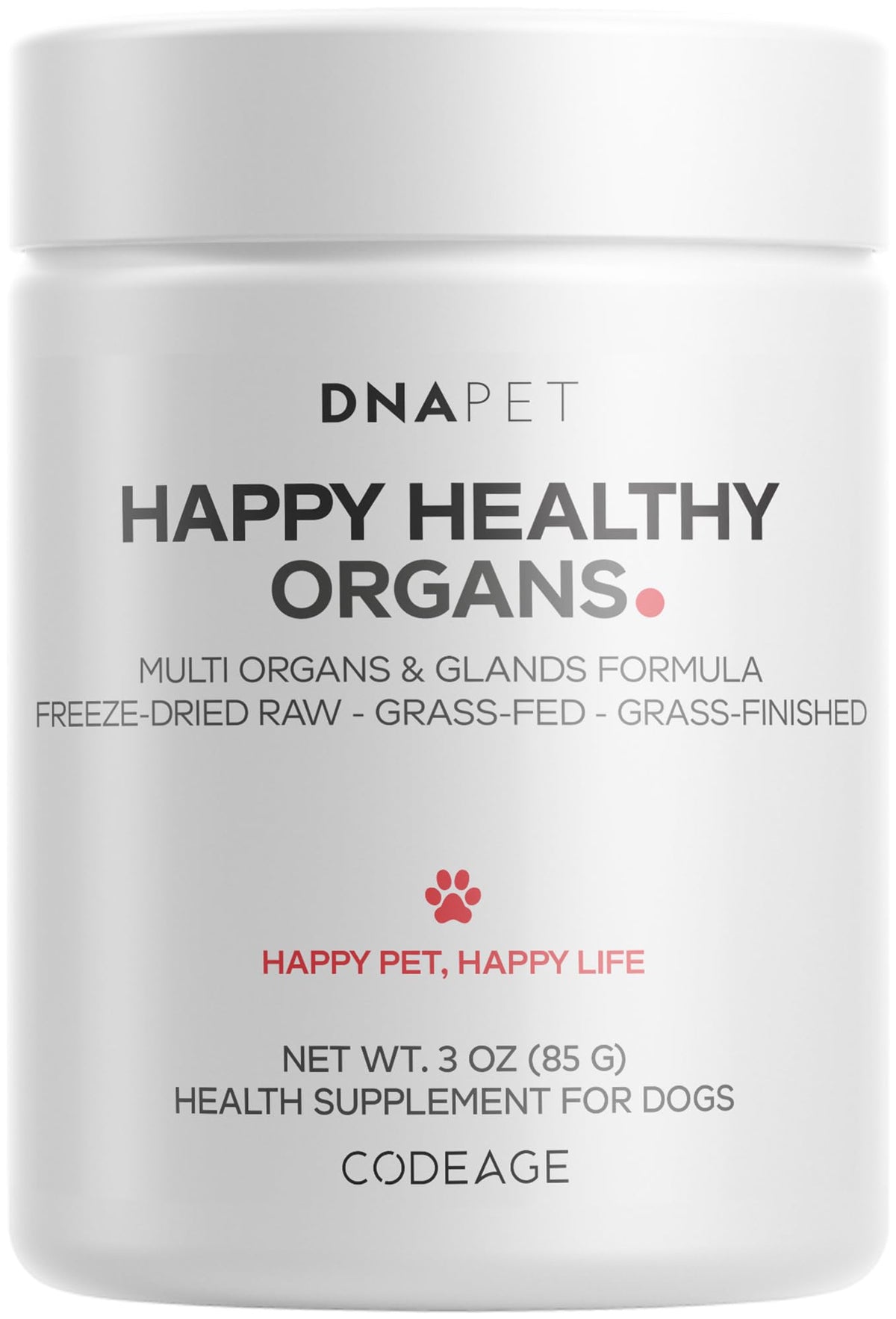DNA PET emballage avant du pot de poudre d'organes de bœuf montrant la marque et le format 3 oz, facilite le stockage