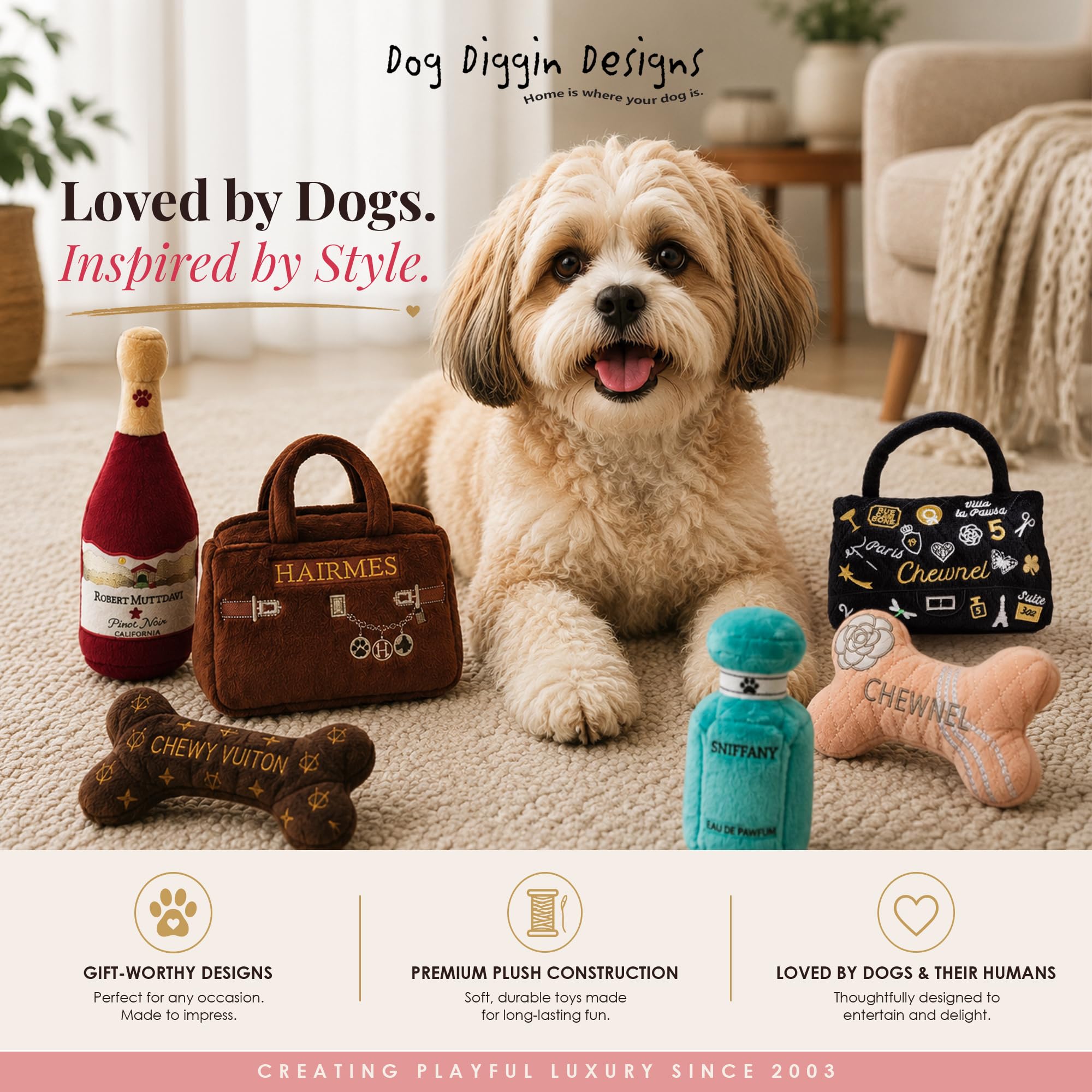 Dog Diggin Designs mise en scène lifestyle avec chien, idéal pour moments ludiques