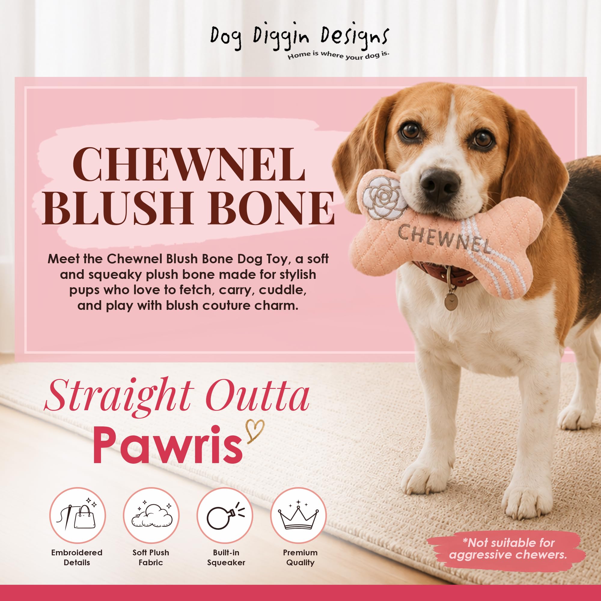 Dog Diggin Designs chien tenant le Chewnel Blush démontrant l’attrait de jeu