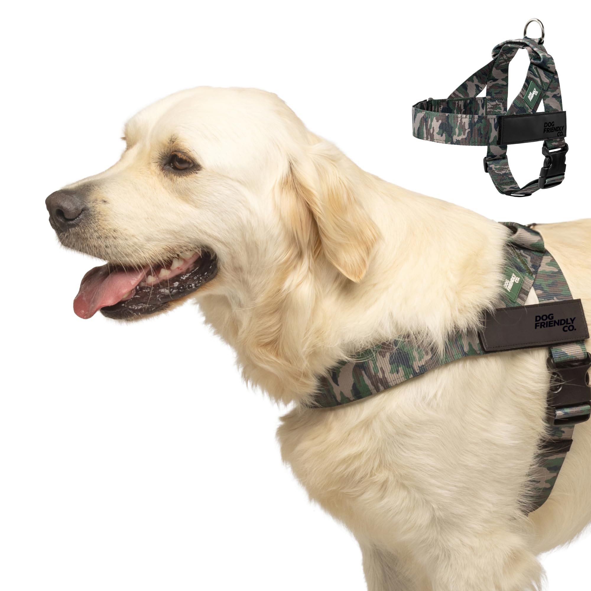 Dog Friendly Co harnais vert camo vu de face pour un ajustement confortable