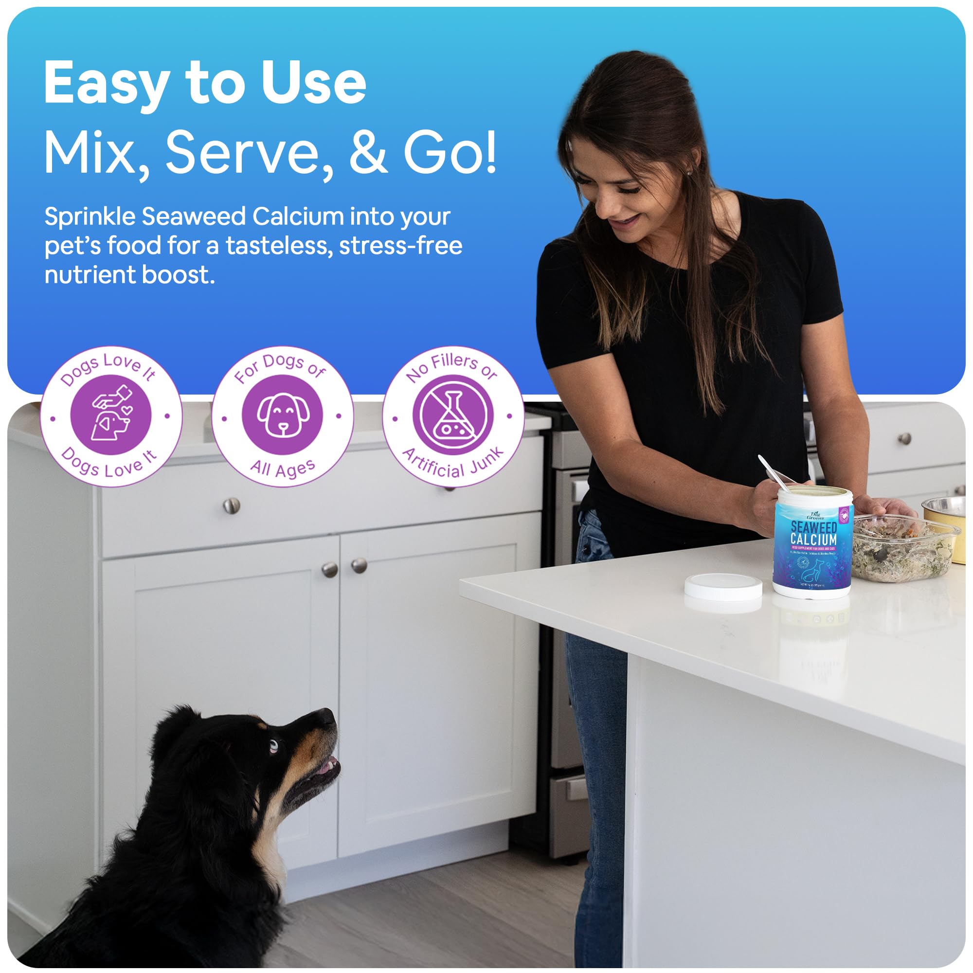 Dog Greens pot à côté d’une main pour visualiser taille pratique