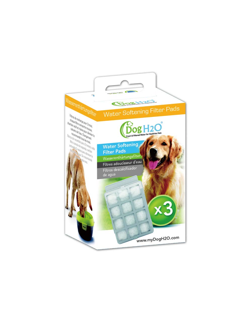 Dog H2O emballage avant montrant lot de 3 et bénéfice eau propre