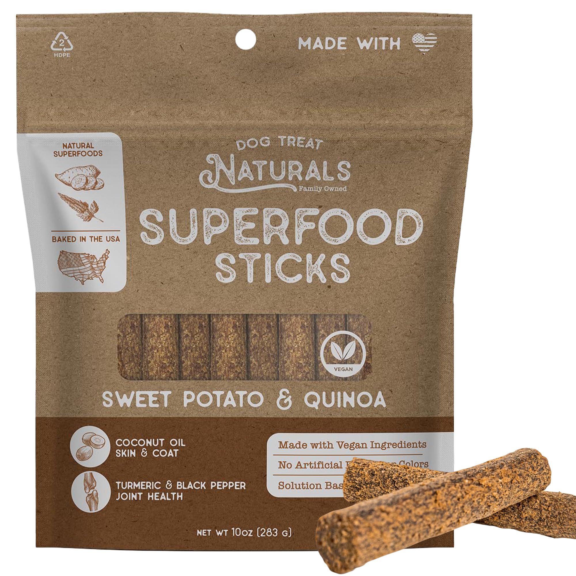 Dog Treat Naturals emballage avant montrant le sachet recyclable et l’origine USA