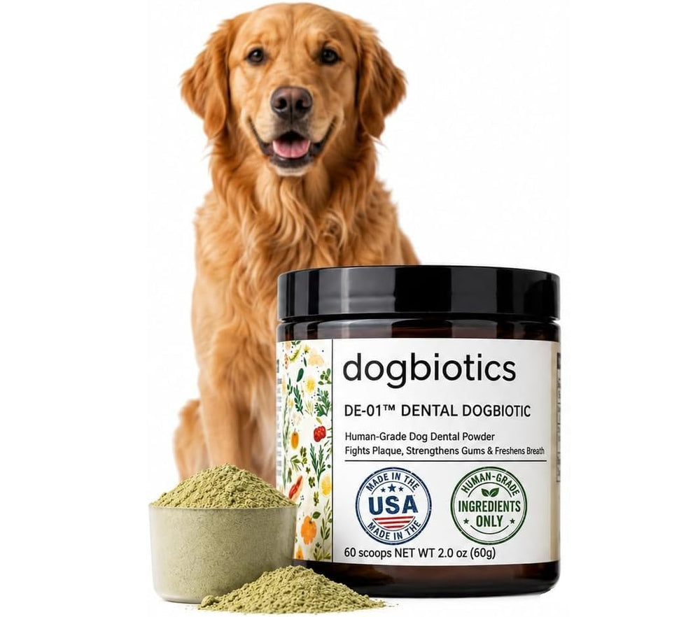 Dogbiotics emballage face montrant le pot et l'étiquette, qualité made in USA