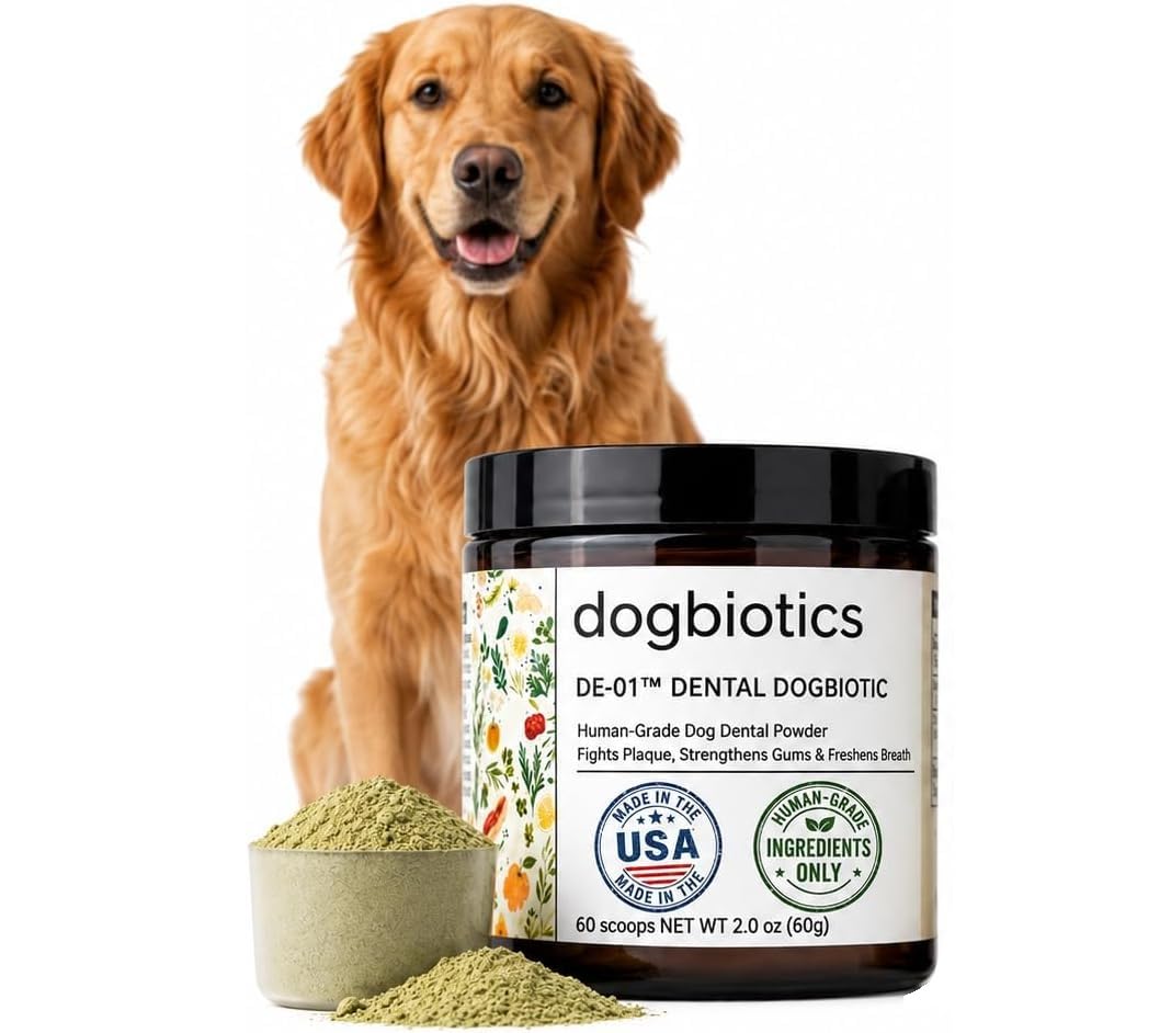 Dogbiotics emballage face montrant le pot et l'étiquette, qualité made in USA
