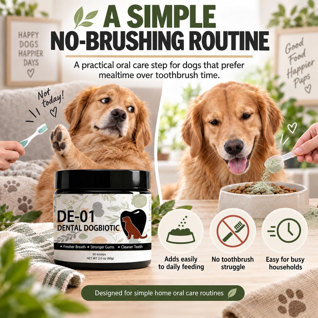 Dogbiotics dental texture de la poudre en gros plan, facile à saupoudrer uniformément