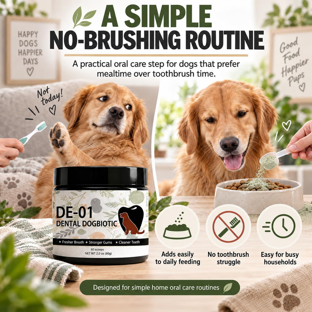 Dogbiotics dental texture de la poudre en gros plan, facile à saupoudrer uniformément