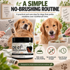 Dogbiotics dental texture de la poudre en gros plan, facile à saupoudrer uniformément
