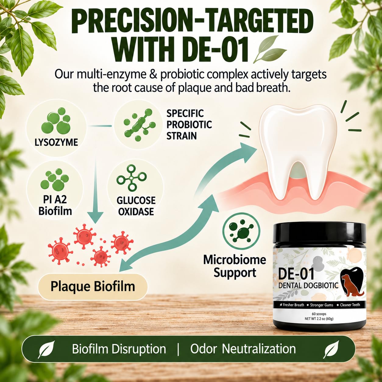 Ingrédients naturels Dogbiotics dental présentés ensemble, montre la provenance nutritive