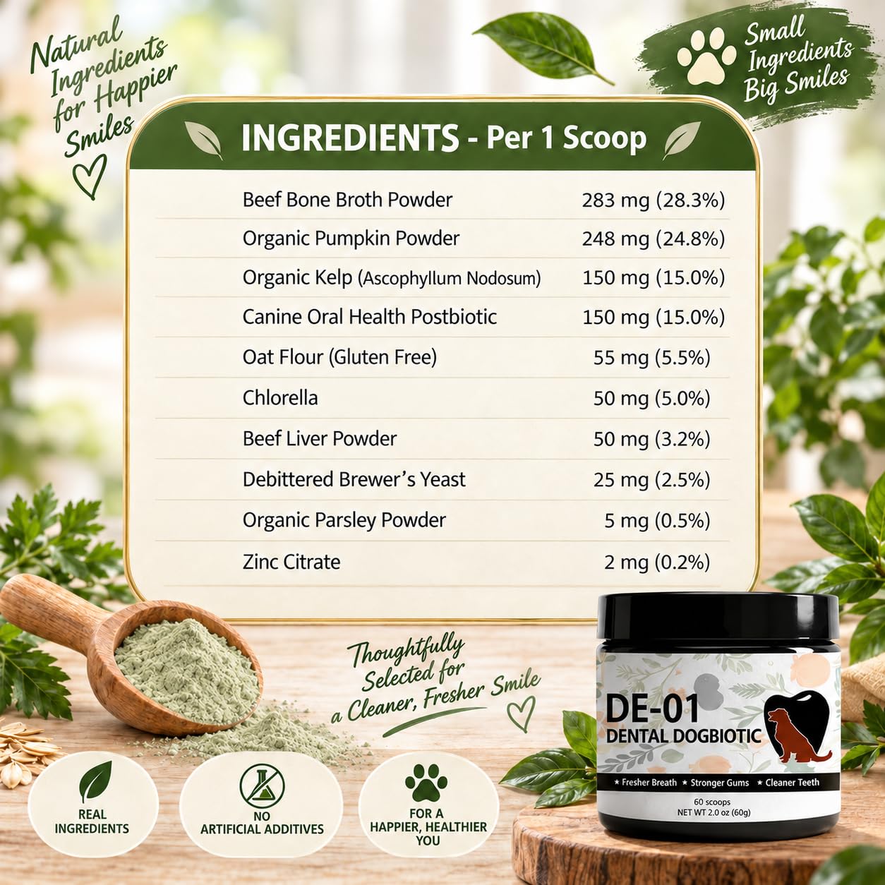 Bocal Dogbiotics dental posé dans une cuisine, illustre l’intégration quotidienne au repas