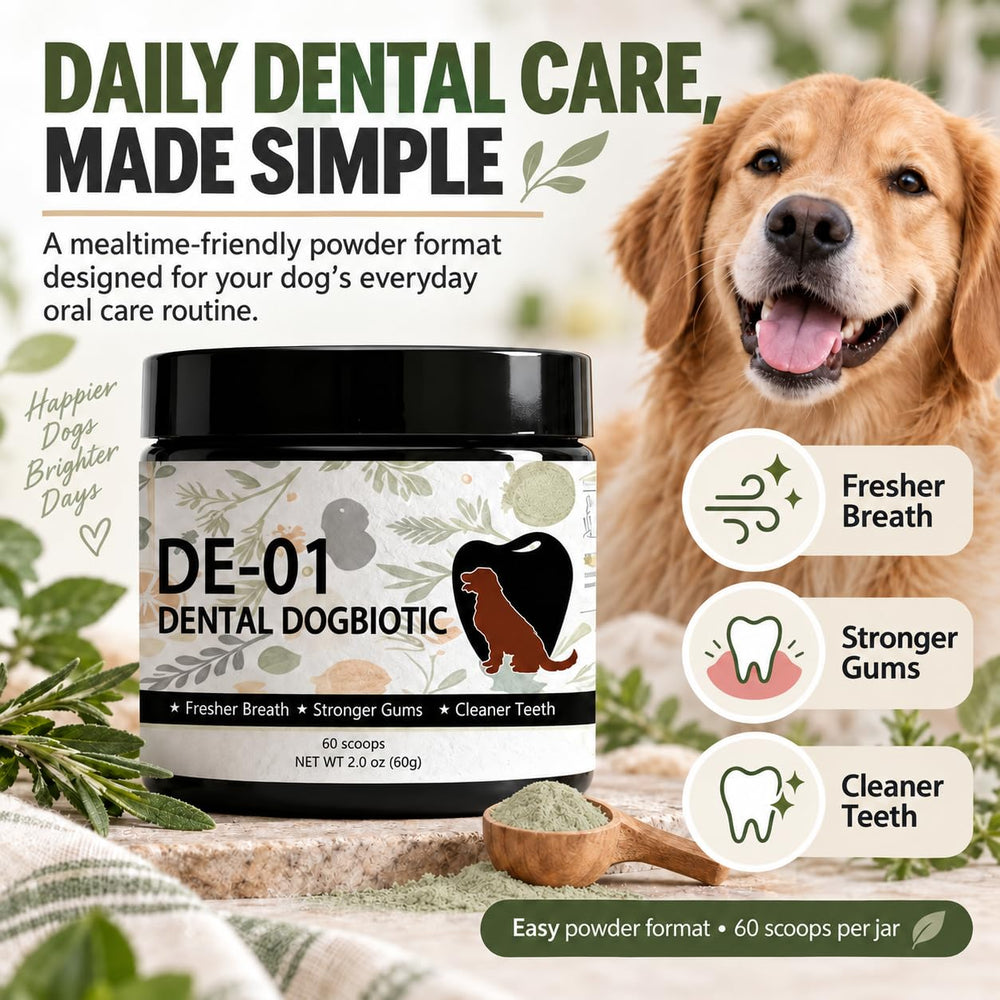 Dogbiotics dental sachet ouvert montrant la poudre, facilite l’ajout aux repas