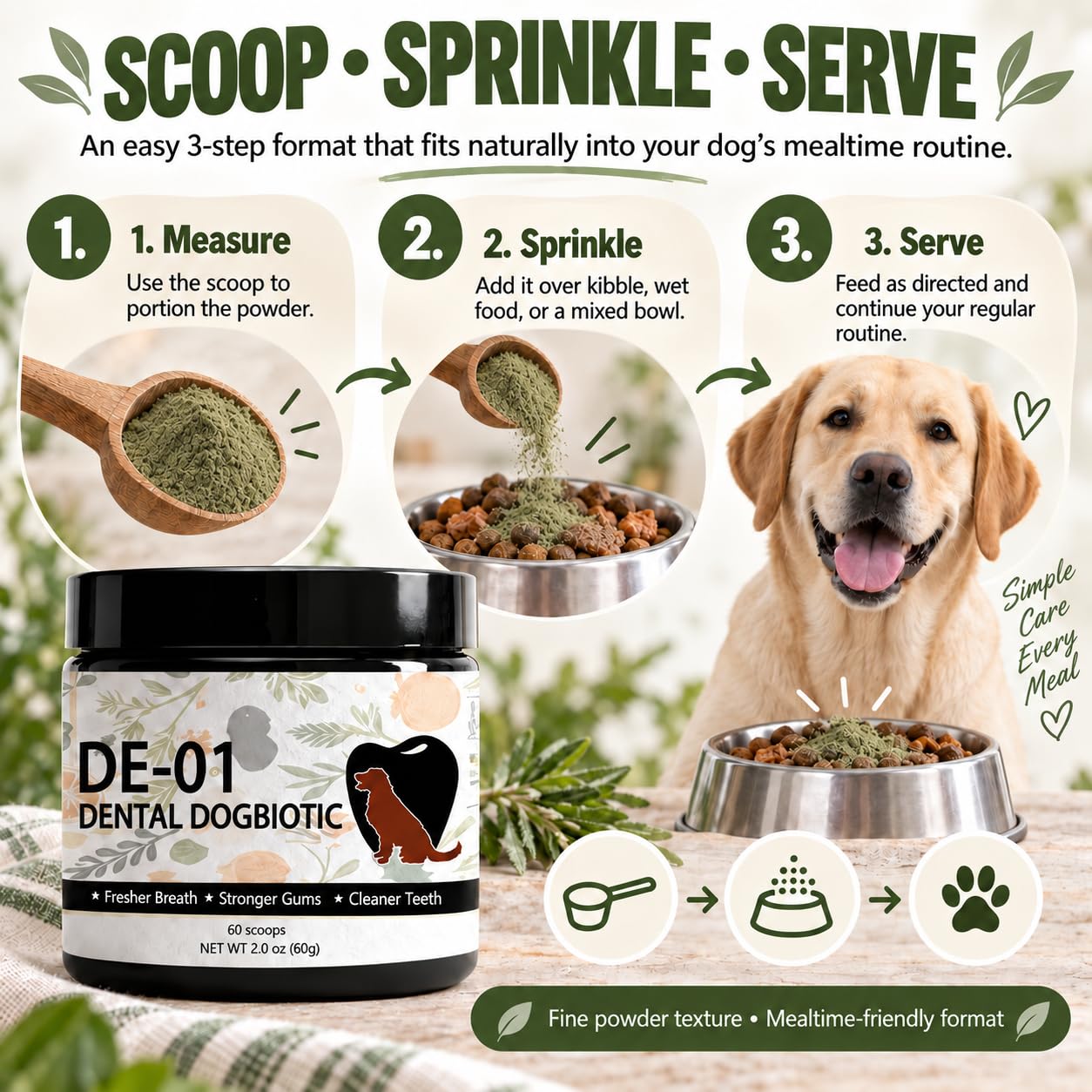 Dogbiotics dental en train d’être saupoudré sur nourriture, simplifie la routine sans brosse