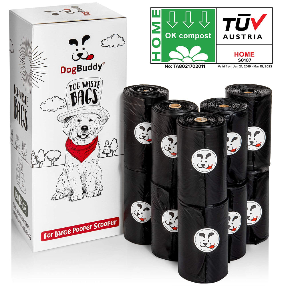 Étiquette DogBuddy avec certification Home OK Compost indiquant option compostable