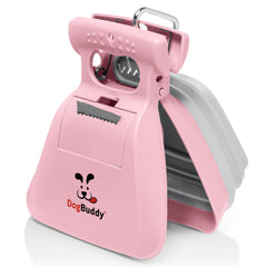 DogBuddy vue avant de l’emballage montrant le ramasse-crottes et accessoires
