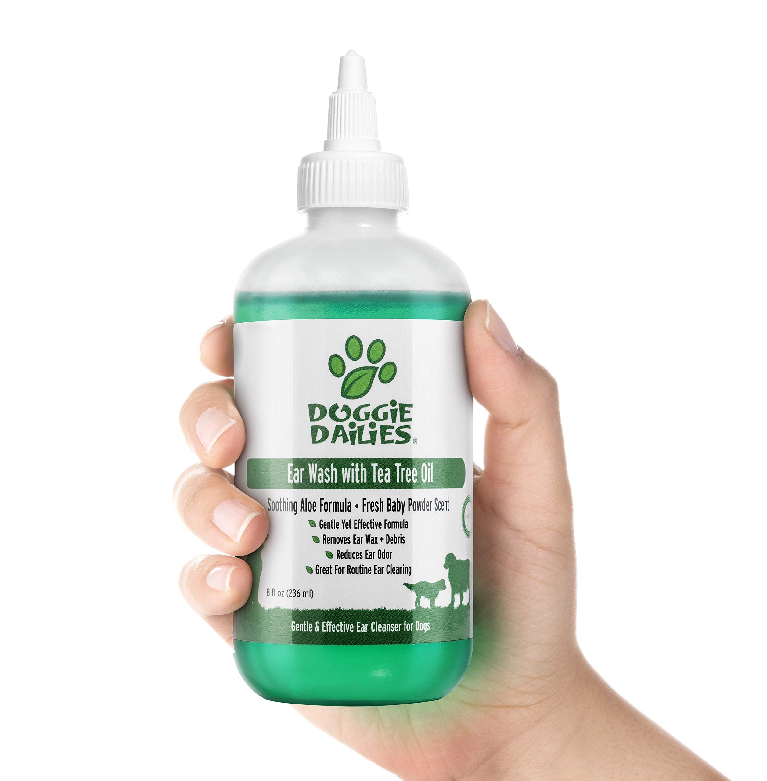 Doggie Dailies flacon avant montrant le produit et sa taille pratique