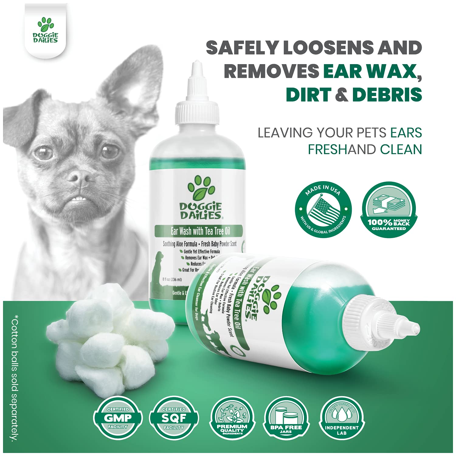 Doggie Dailies gros plan ingrédients montrant aloe vera et tea tree oil apaisants