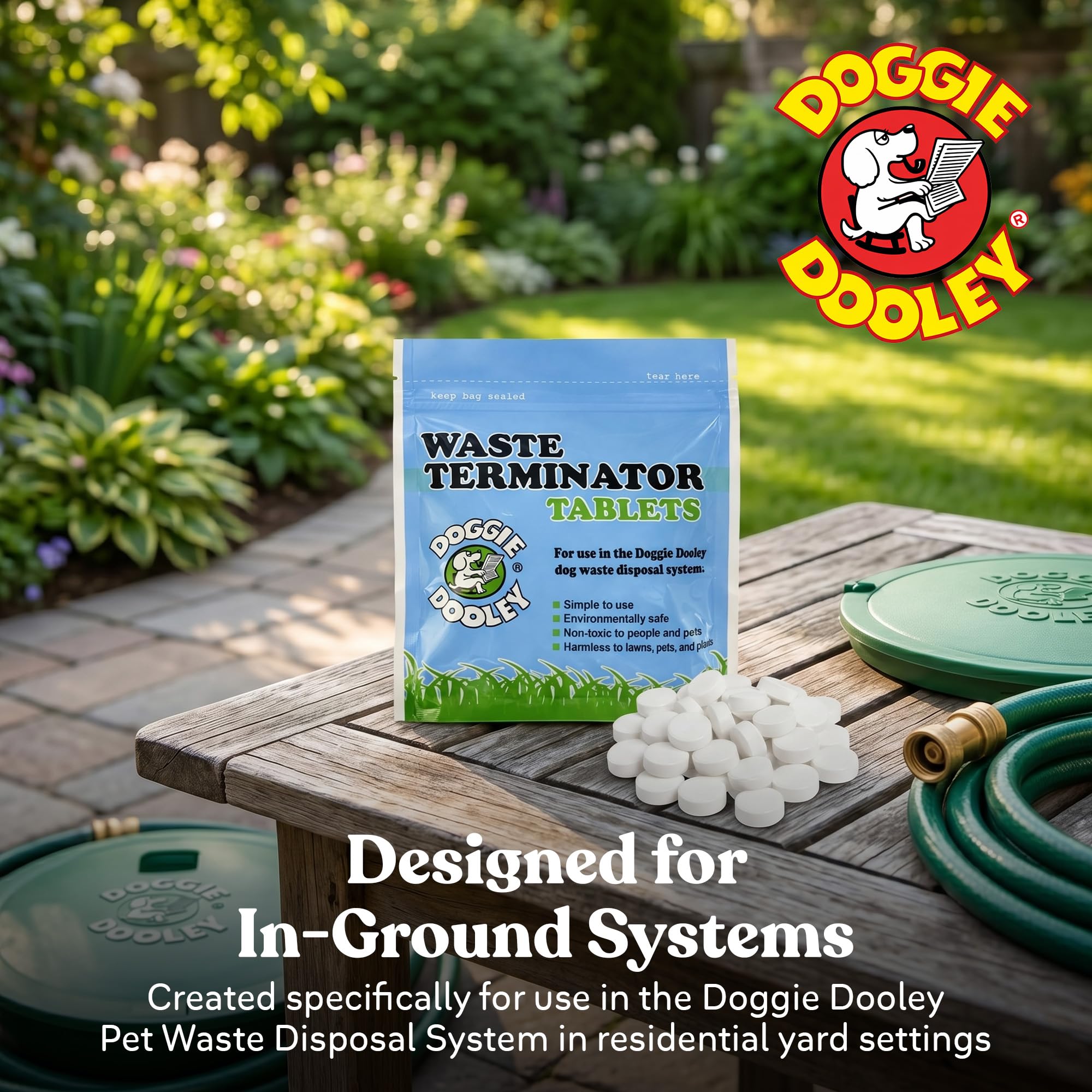 Doggie Dooley contexte jardin montrant application routine et propreté