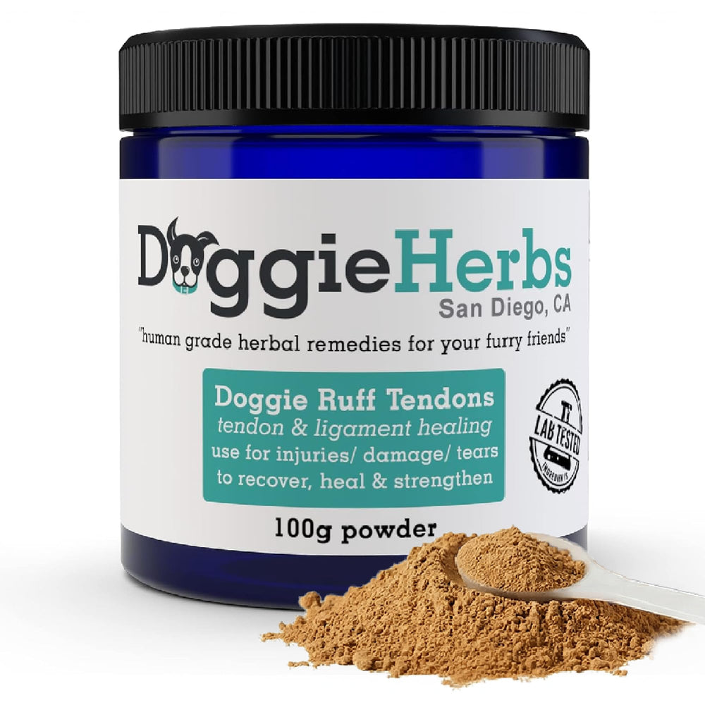 Doggie Herbs emballage avant montrant la marque et l'usage pour ligaments