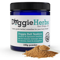 Doggie Herbs emballage avant montrant la marque et l'usage pour ligaments