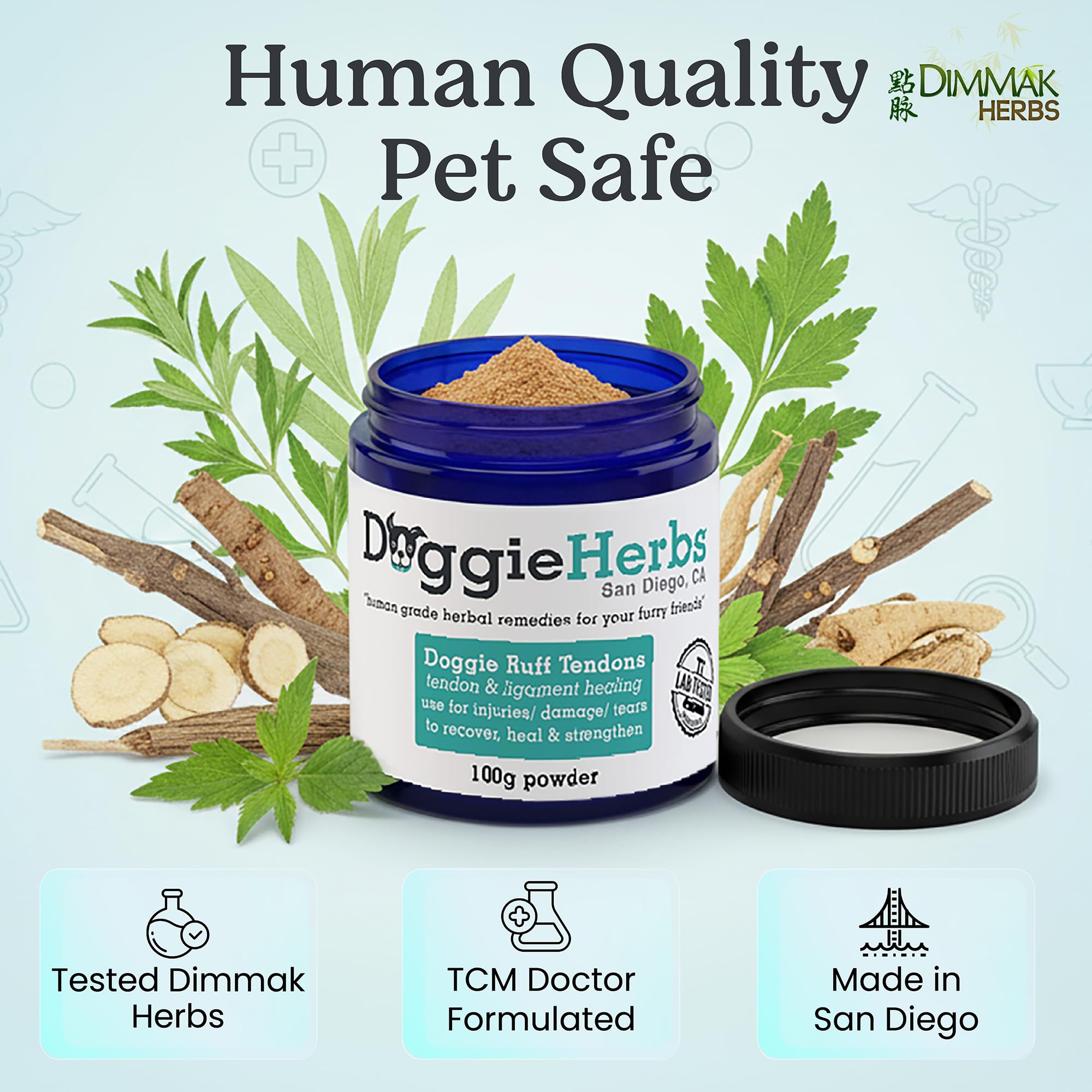 Doggie Herbs étiquette détaillant Teasel, Eucommia et Drynaria, qualité humaine